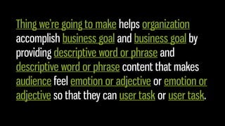Thing we’re going to make helps organization
accomplish business goal and business goal by
providing descriptive word or phrase and
descriptive word or phrase content that makes
audience feel emotion or adjective or emotion or
adjective so that they can user task or user task.
 