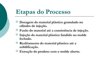 Etapas do Processo
   Dosagem do material plástico granulado no
    cilindro de injeção.
   Fusão do material até a consistência de injeção.
   Injeção do material plástico fundido no molde
    fechado.
   Resfriamento do material plástico até a
    solidificação.
   Extração do produto com o molde aberto.
 