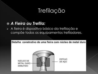   A Fieira ou Trefila:
   A fieira é dispositivo básico da trefilação e
    compõe todos os equipamentos trefiladores.
 