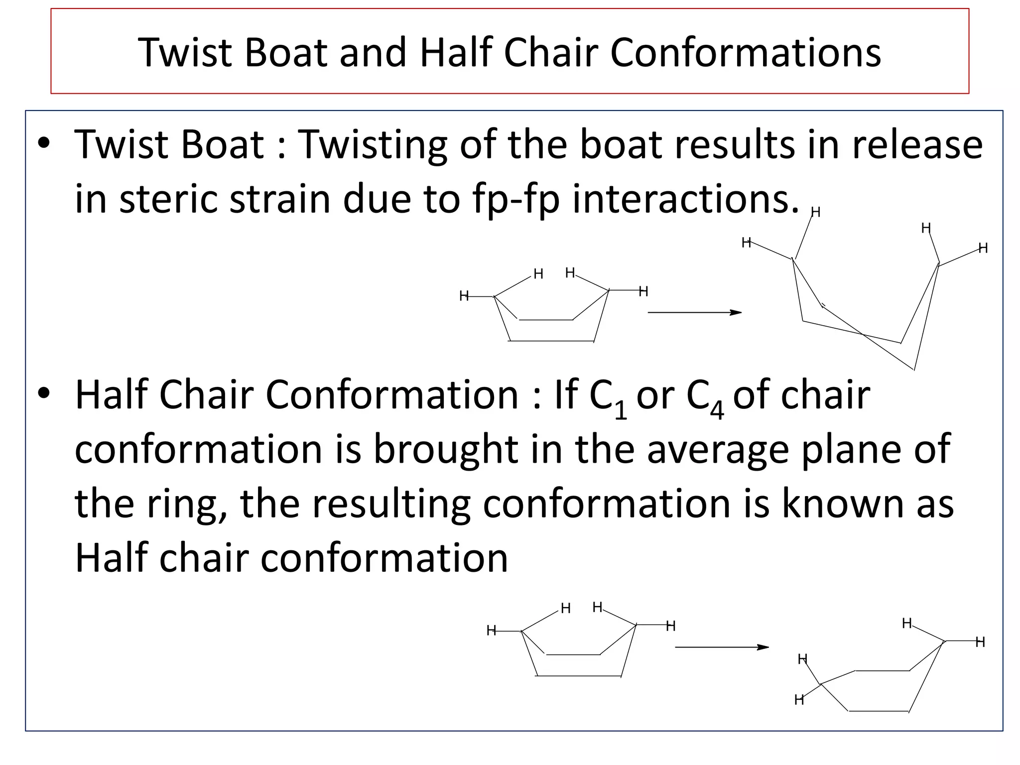Twist Boat and Half Chair Conformations
• Twist Boat : Twisting of the boat results in release
in steric strain due to fp-fp interactions.
• Half Chair Conformation : If C1 or C4 of chair
conformation is brought in the average plane of
the ring, the resulting conformation is known as
Half chair conformation
H H
H H
H
H
HH
H H
H H H
H
H
H
 