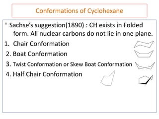 Conformations of Cyclohexane
* Sachse’s suggestion(1890) : CH exists in Folded
form. All nuclear carbons do not lie in one plane.
1. Chair Conformation
2. Boat Conformation
3. Twist Conformation or Skew Boat Conformation
4. Half Chair Conformation
 