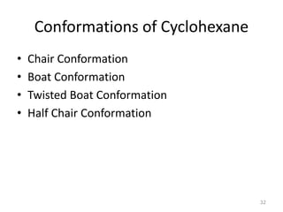 Conformations of Cyclohexane
• Chair Conformation
• Boat Conformation
• Twisted Boat Conformation
• Half Chair Conformation
32
 