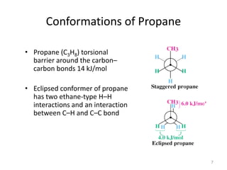 Conformations of Propane
• Propane (C3H8) torsional
barrier around the carbon–
carbon bonds 14 kJ/mol
• Eclipsed conformer of propane
has two ethane-type H–H
interactions and an interaction
between C–H and C–C bond
7
 