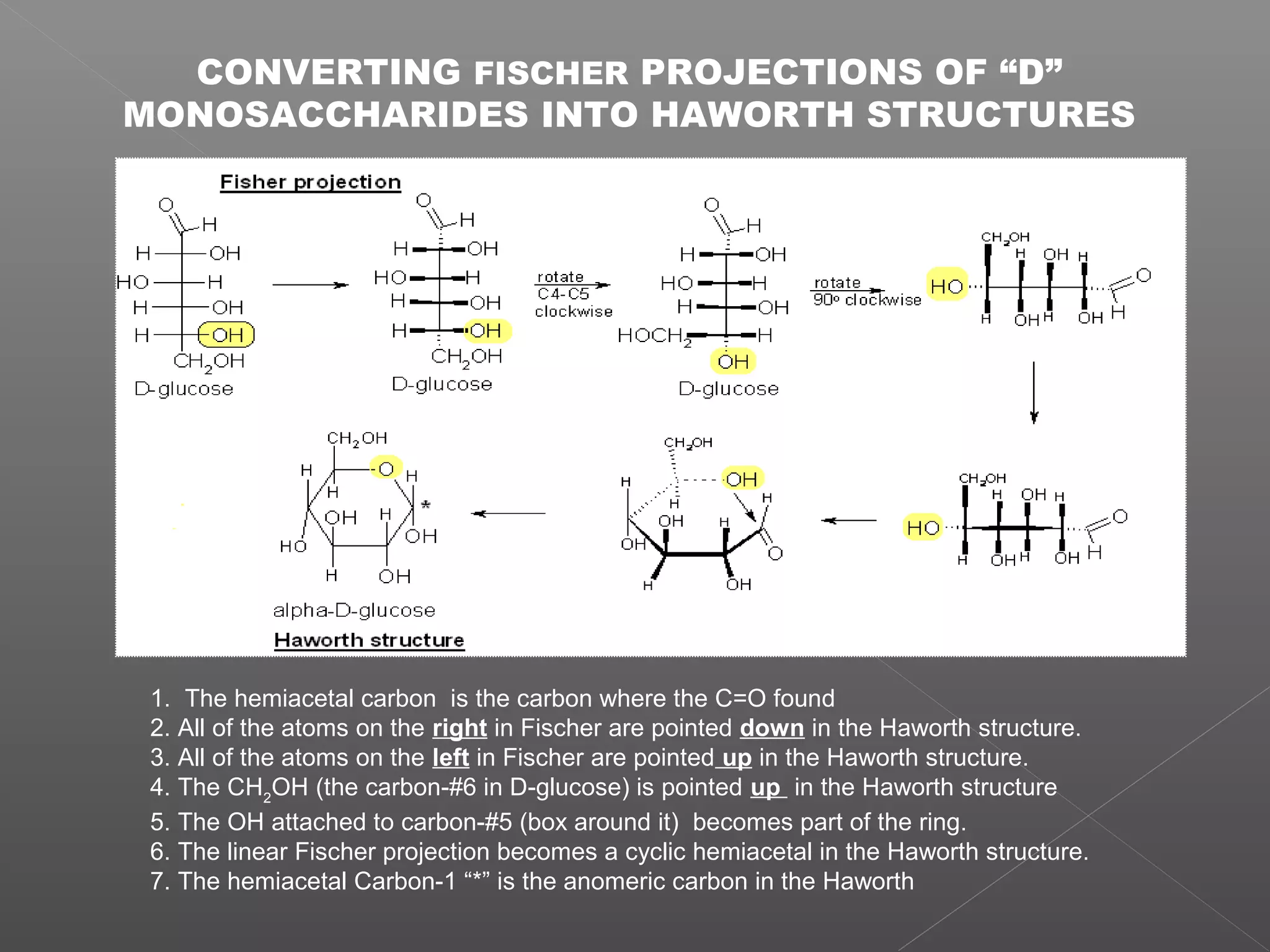 CONVERTING FISCHER PROJECTIONS OF “D”
MONOSACCHARIDES INTO HAWORTH STRUCTURES




 1. The hemiacetal carbon is the carbon where the C=O found
 2. All of the atoms on the right in Fischer are pointed down in the Haworth structure.
 3. All of the atoms on the left in Fischer are pointed up in the Haworth structure.
 4. The CH2OH (the carbon-#6 in D-glucose) is pointed up in the Haworth structure
 5. The OH attached to carbon-#5 (box around it) becomes part of the ring.
 6. The linear Fischer projection becomes a cyclic hemiacetal in the Haworth structure.
 7. The hemiacetal Carbon-1 “*” is the anomeric carbon in the Haworth
 