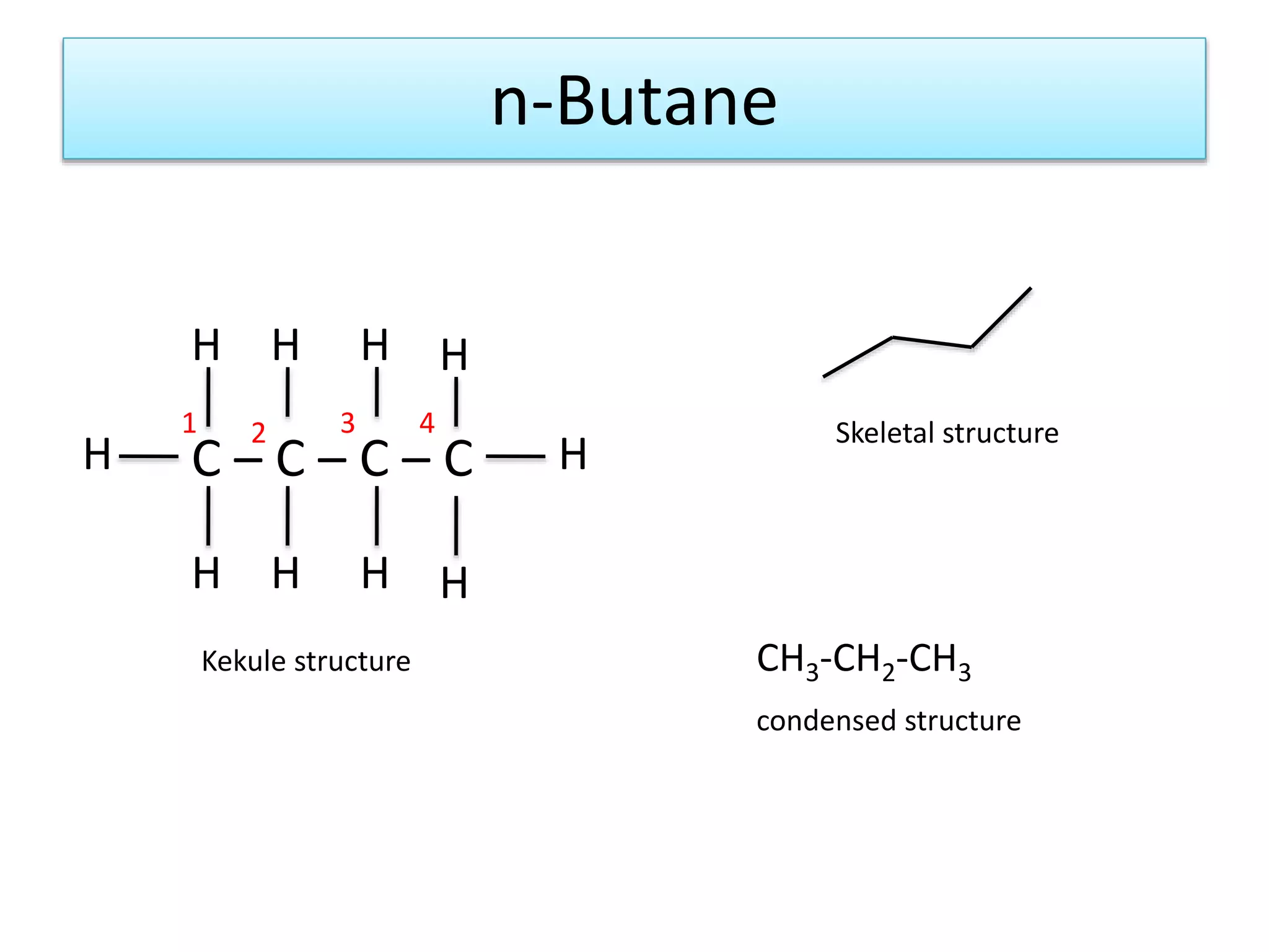 n-Butane
CH3-CH2-CH3
C – C – C – C
H
H
HH
HH H
H
H
H
1 432
Kekule structure
Skeletal structure
condensed structure
 