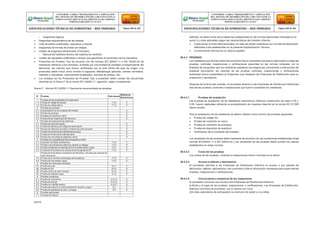 – Diagramas lógicos
 Diagramas esquemáticos de las tarjetas
 Lista de partes codificadas, repuestos y marcas
 Diagramas de formas de ondas por etapas
 Listado de programa almacenado (Firmware)
– Manual del software técnico del sistema de medición
 Listado de repuestos codificados y tiempo que garantizan el suministro de los repuestos.
 Protocolos de Pruebas Tipo de acuerdo con las normas IEC 62052-11 e IEC 62053-22 de
medidores idénticos a los ofrecidos, emitidas por una entidad de prestigio e independiente del
fabricante, los mismos que fueron certificados por el ente oficial del país de origen. Los
protocolos debió incluir como mínimo lo siguiente: Metodología aplicada, valores normados,
medidos y calculados, instrumentos empleados, circuitos de ensayo, etc.;
 Los ensayos de los Protocolos de Pruebas Tipo a presentar debió cumplir las secuencias
descritas en el Anexo F de la norma IEC 62052-11, siguiente, según corresponda:
Anexo F - Norma IEC 62052-11 Secuencia recomendada de pruebas
Además, se debio incluir las pruebas tipo establecidas en las normas adicionales indicadas en el
punto 2 y otras aplicables según las características del medidor ofrecido.
 Copia de las normas internacionales, en caso de ofertar medidores con normas de fabricación
diferentes a las establecidas en la presente Especificación Técnica.
 La información técnica fue en idioma español.
29.4.3 PRUEBAS
Los medidores que forman parte del suministro fueron sometidos durante su fabricación a todas las
pruebas, controles, inspecciones o verificaciones prescritas en las normas indicadas con la
finalidad de comprobar que los medidores satisfacen las exigencias, previsiones e intenciones del
presente documento, los reportes de las pruebas controles, inspecciones o verificaciones
realizadas fueron presentados al Supervisor que designen las Empresas de Distribución para su
evaluación y aprobación.
Después de la firma del contrato, el proveedor alcanzo a las Empresas de Distribución Eléctricala
lista de las pruebas, controles e inspecciones que fueron sometidas los medidores.
29.4.3.1 Pruebas de aceptación
Las pruebas de aceptación de los Medidores electrónicos trifásicos multifunción de clase 0.2S y
0.5S, fueron realizadas utilizando el procedimiento de muestreo descrito en la norma IEC 61358
última versión.
Para la aceptación de los medidores se debion realizar como mínimo las pruebas siguientes:
 Prueba de voltaje AC;
 Prueba de condición en vacío;
 Prueba de condición de arranque;
 Prueba de requisitos de exactitud;
 Verificación de la constante del medidor.
Los resultados de las pruebas debió realizarse de acuerdo con las condiciones establecidas enlas
normas IEC62052-11 e IEC 62053-22 y los resultados de las pruebas debió cumplir los valores
establecidos en estas normas.
29.4.3.2 Costo de las pruebas
Los costos de las pruebas, controles e inspecciones fueron incluidos en la oferta.
29.4.3.3 Acceso a talleres y laboratorios
El proveedor permitió a las Empresas de Distribución Eléctrica el acceso a sus plantas de
fabricación, talleres, laboratorios y les suministro toda la información necesaria para supervisarlas
pruebas, inspecciones o verificaciones.
NOTA
29.4.3.4 Convocatoria y presencia de los inspectores
El proveedor comunico por escrito a las Empresas de Distribución Eléctrica,
la fecha y el lugar de las pruebas, inspecciones, o verificaciones. Las Empresas de Distribución
Eléctrica comunicó al proveedor, por lo menos con cinco
(05) días calendarios de anticipación su intención de asistir o no a ellas.
CONFORME A OBRA:“MEJORAMIENTO Y AMPLIACIÓN
DEL SISTEMA DE DISTRIBUCIÓN DEL CIRCUITO N2 DE LA
SUBESTACIÓNYARINACOCHA, PROVINCIA DE CORONEL
PORTILLO,REGIÓN UCAYALI”
ESPECIFICACIONES TÉCNICAS DE SUMINISTRO – RED PRIMARIA Página 288 de 336
CONFORME A OBRA:“MEJORAMIENTO Y AMPLIACIÓN
DEL SISTEMA DE DISTRIBUCIÓN DEL CIRCUITO N2 DE LA
SUBESTACIÓNYARINACOCHA, PROVINCIA DE CORONEL
PORTILLO,REGIÓN UCAYALI”
ESPECIFICACIONES TÉCNICAS DE SUMINISTRO – RED PRIMARIA Página 289 de 336
N° Pruebas Sub clausula
Medidores
Electrónicos
1 Pruebas de las propiedades de aislamiento
1.1 Prueba de voltaje de impulso 7.3.2 X
1.2 Prueba de voltaje alterno 7.3.3 X
2 Pruebas de precisión
2.1 Comprobación de la constante del medidor X
2.2 Prueba de arranque X
2.3 Pruebas de marcha en vacío X
2.4 Prueba de las magnitudes de influencia X
3 Pruebas de prescripciones eléctricas
3.1 Prueba de consumo propio X
3.2 Prueba de influencia del voltaje de alimentación X
3.3 Prueba de influencia de sobre corrientes de corta duración X
3.4 Prueba de influencia del calentamiento propio X
3.5 Prueba de influencia del calentamiento X
3.6 Prueba de inmunidad de defectos a tierra X
4 Pruebas de compatibilidad electromagnética (CEM)
4.1 Supresión de Radio interferencia 7.5.8 X
4.2 Prueba a los transitorios eléctricos rápidos en ráfagas 7.5.4 X
4.3 Prueba oscilatoria humedecida de la inmunidad de las ondas 7.5.7 X
4.4 Prueba de inmunidad a los campos electromagnéticos RF 7.5.3 X
Prueba de inmunidad a conducción de disturbios, inducidos por campos de
radio frecuencia
4.5 Prueba de inmunidad a descargas electrostáticas 7.5.5 X
4.6 Prueba de inmunidad a rayos 7.5.2 X
5 Pruebas de influencias climáticas
51 Prueba de calor 6.3.1 X
52 Prueba en frío 6.3.2 X
53 Prueba cíclica de calor húmedo 6.3.3 X
54 Prueba de radiación solar 6.3.4 X
6 Pruebas mecánicas
6.1 Prueba de vibraciones 5.2.2.3 X
6.2 Prueba de choque 5.2.2.2 X
6.3 Prueba con martillo-resorte 5.2.2.1 X
6.4 Prueba de protección contra penetración de polvo y agua 5.9 X
6.5 Prueba de resistencia al calor y al fuego 5.8 X
6 Pruebas adicionales
7.1 Pruebas de disparo
 