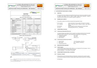 5 CAJA REGISTRO PARA PUESTA A TIERRA
5.1 OBJETIVO
El presente documento establece las especificaciones técnicas mínimas que cumplieron las cajas
de registro para puesta a tierra en cuanto a diseño, materia prima, fabricación, pruebas y
transporte, que se utilizaron en la concesión de Electro Ucayali S.A.
5.2 NORMAS QUE CUMPLIR
El suministro cumplió con las últimas versiones de las siguientes normas:
N.T.P. 334.081 : Cajas portamedidor de agua potable y de registro de desagüe
N.T.P. 350.085 : Marco y tapa para caja de medidor de agua y para caja de
desagüe.
NTP 350.002 : Malla de alambre de acero soldado para concreto armado.
ISO 1083 : Spheroidal graphite cast iron – classification
5.3 CONDICIONES TECNICAS
5.3.1 Condiciones ambientales de servicio
Las cajas de registro para puesta a tierra se instaló en los Sistemas eléctricos de la Empresade
Distribución Electro Ucayali S.A. cuyas características ambientales son las siguientes:
 Temperatura ambiente : 25ºC a 40ºC
 Humedad relativa : 10% a 95%
 Altura máxima : 1000 m.s.n.m.
5.3.2 Condiciones de operación del sistema
 Media Tensión : 10 kV (Proyectado a 22,90 KV)
 Baja Tensión : 220 V, 380/220 V y 440/220 V.
 Frecuencia de servicio : 60 Hz.
5.4 DESCRIPCIÓN DEL MATERIAL
5.4.1 Caja de registro
Fue de concreto armado vibrado de 400x300 mm, con una tapa de 40 mm de espesor. Llevo el
símbolo de puesta a tierra en parte superior de la tapa.
Norma de referencia: NTP 334.081, NTP 350.085
5.5 CONDICIONES TÉCNICAS PARA LA ENTREGA
5.5.1 Embalaje y rotulado
NOTA
S:
Firma y Sello del Fabricante El fabricante previo las condiciones óptimas de manipuleo y transporte de las cajas de registro,
a fin de evitar los deterioros durante su traslado desde la fábrica hasta el almacén de La Empresa
1. El usuario seleccionará este requerimiento en función a sus necesidades, para lo cual se tendrá en cuenta los valores
indicados en el punto 10.
2. En los planos mostrados, el usuario indicará el diámetro del agujero para montaje, de acuerdo al diámetro del poste a usar
y ubicación de las medias lozas en el poste.
de Distribución.
CONFORME A OBRA:“MEJORAMIENTO Y AMPLIACIÓN
DEL SISTEMA DE DISTRIBUCIÓN DEL CIRCUITO N2 DE LA
SUBESTACIÓNYARINACOCHA, PROVINCIA DE CORONEL
PORTILLO,REGIÓN UCAYALI”
ESPECIFICACIONES TÉCNICAS DE SUMINISTRO – RED PRIMARIA Página 30 de 336
CONFORME A OBRA:“MEJORAMIENTO Y AMPLIACIÓN
DEL SISTEMA DE DISTRIBUCIÓN DEL CIRCUITO N2 DE LA
SUBESTACIÓNYARINACOCHA, PROVINCIA DE CORONEL
PORTILLO,REGIÓN UCAYALI”
ESPECIFICACIONES TÉCNICAS DE SUMINISTRO – RED PRIMARIA Página 31 de 336
REDES PRIMARIAS
FICHA N° 013-001
TABLA DE DATOS TECNICOS
MEDIA LOZA DE CONCRETO ARMADO VIBRADO
ITEM DESCRIPCION UNIDAD VALOR REQUERIDO VALOR GARANTIZADO
MEDIA LOZA DE CONCRETO ARMADO
VIBRADO
1 País de Procedencia
2 Fabricante
3 Denominación
4 Normas:
Proceso de fabricación NTP 339.027 en lo aplicable NTP 339.027 en lo aplicable
Aditivo inhibidor de corrosión NTP 334.088 TIPO C NTP 334.088 TIPO C
Armadura del concreto NTP 341.031 NTP 341.031
4 Carga de trabajo kg 750 750
5 Factor de seguridad 3 3
6 Carga de rotura kg 2250 2250
7 Recubrimiento mínimo de la armadura mm 20 20
8 Forma de bordes redondeados redondeados
9 Longitud nominal (Ln) Ver plano adjunto y Nota 1 Ver plano adjunto y Nota 1
10 Carga de trabajo Ver Nota 1 Ver Nota 1
11 Detalle de agujeros Ver plano adjunto y Nota 2 Ver plano adjunto y Nota 2
12 Rotulado Bajo relieve, según plano adjunto Bajo relieve, según plano
adjunto
13 Certificado de garantía de calidad técnica Años 2 2
14 Certificado de garantía de vida util Años 10 10
 
