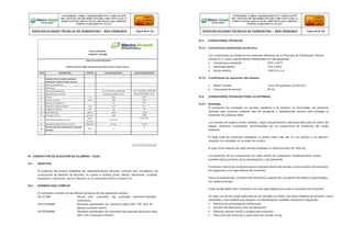 15.3 CONDICIONES TÉCNICAS
15.3.1 Condiciones ambientales de servicio
Los conductores se instaló en los sistemas eléctricos de la Empresa de Distribución Electro
Ucayali S.A. cuyas características ambientales son las siguientes:
 Temperatura ambiente : 25ºC a 40ºC
 Humedad relativa : 10% a 95%
 Altura máxima : 1000 m.s.n.m.
15.3.2 Condiciones de operación del sistema
 Media Tensión : 10 kV (Proyectado a 22,90 KV)
 Frecuencia de servicio : 60 Hz.
15.4 CONDICIONES TÉCNICAS PARA LA ENTREGA
15.4.1 Embalaje
El conductor fue entregado en carretes metálicos o de madera, no retornables, de suficiente
robustez para soportar cualquier tipo de transporte y debidamente cerrado para proteger al
conductor de cualquier daño.
Los carretes de madera fueron tratados, según requerimientos internacionales para el control de
plagas, utilizando compuestos recomendados por los organismos de protección del medio
ambiente.
El largo total del conductor entregado no podrá variar más del 1% (en exceso o en defecto)
respecto a lo solicitado en la orden de compra.
Firma y Sello del Fabricante
El peso bruto máximo de cada carrete embalado no debió exceder de 1500 Kg.
15 CONDUCTOR DE ALEACIÓN DE ALUMINIO - AAAC
15.1 OBJETIVO
El presente documento establece las especificaciones técnicas mínimas que cumplieron los
conductores de aleación de aluminio, en cuanto a materia prima, diseño, fabricación, pruebas,
transporte y operación, que se utilizaron en la concesión Electro Ucayali S.A.
15.2 NORMAS QUE CUMPLIR
El suministro cumplió con las últimas versiones de las siguientes normas:
IEC 61089 : Round wire concentric lay overhead electrical stranded
conductors.
ASTM B398M : Standard specification for aluminum-alloy 6201-T81 wire for
electric purpose (metric).
ASTM B399M : Standard specification for concentric-lay-stranded aluminum alloy
6201-T81 conductors (metric).
Los extremos de los conductores de cada carrete se protegieron mecánicamente contra
posibles daños producto de la manipulación y del transporte.
El extremo interno del conductor estuvo colocado dentro del carrete, el otro extremo del conductor
fue asegurado a la capa externa del conductor.
Previo al embobinado, el tambor del carrete fue cubierto con una lámina de plástico impermeableo
con papel encerado.
Cada carrete debió venir recubierto con una capa plástica que evite la corrosión del conductor.
En cada una de las caras exteriores de los carretes se instalo una placa metálica de aluminio, acero
inoxidable u otro material que asegure una identificación indeleble, indicando lo siguiente:
 Nombre de la Empresa de Distribución.
 Nombre del fabricante y año de fabricación.
 Material, sección (mm2) y longitud del conductor.
 Peso neto del conductor y peso bruto del carrete, en kg.
CONFORME A OBRA:“MEJORAMIENTO Y AMPLIACIÓN
DEL SISTEMA DE DISTRIBUCIÓN DEL CIRCUITO N2 DE LA
SUBESTACIÓNYARINACOCHA, PROVINCIA DE CORONEL
PORTILLO,REGIÓN UCAYALI”
ESPECIFICACIONES TÉCNICAS DE SUMINISTRO – RED PRIMARIA Página 98 de 336
CONFORME A OBRA:“MEJORAMIENTO Y AMPLIACIÓN
DEL SISTEMA DE DISTRIBUCIÓN DEL CIRCUITO N2 DE LA
SUBESTACIÓNYARINACOCHA, PROVINCIA DE CORONEL
PORTILLO,REGIÓN UCAYALI”
ESPECIFICACIONES TÉCNICAS DE SUMINISTRO – RED PRIMARIA Página 99 de 336
REDES PRIMARIAS
FICHA N° 123-006
TABLA DE DATOS TÉCNICOS
CONDUCTOR DE COBRE DESNUDO CABLEADO TEMPLE DURO 150mm2
ITEM DESCRIPCIÓN UNIDAD VALOR REQUERIDO VALOR GARANTIZADO
CONDUCTOR DE COBRE DESNUDO
CABLEADO TEMPLE DURO 150mm2
1 País de procedencia
2 Fabricante
3 Norma de fabricación N.T.P 370.043 y ASTM B8 N.T.P 370.043 y ASTM B8
4 Material del conductor Cobre electrolítico duro Cobre electrolítico duro
5 Pureza % 99.9 99.9
6 Sección nominal mm2 150 150
7 Número de alambres 37 37
8 Diámetro nominal exterior mm 15.7 15.7
9 Carga a la tracción KN 58 58
10 Masa Nominal kg/km 1329 1329
11 Densidad a 20 °C gr/cm3 8.89 8.89
12 Resistividad eléctrica a 20 °C
Ohm-
mm2/m
0.017745
0.017745
13 Resistencia eléctrica en CC a 20 °C Ohm/km 0.126 0.126
14
CERTIFICADO DE GARANTÍA DE CALIDAD
TÉCNICA
Años 2
2
 