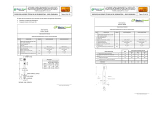 El resto de los accesorios tuvo marcado en alto relieve la siguiente información:
 Nombre o símbolo del fabricante.
 Carga de rotura mínima en kN.
A
B
C
200 mm
75 mm
18 mm Ø
18 mm Ø x 32 mm
30 mm
Firma y Sello del Fabricante
Firma y Sello del Fabricante
CONFORME A OBRA:“MEJORAMIENTO Y AMPLIACIÓN
DEL SISTEMA DE DISTRIBUCIÓN DEL CIRCUITO N2 DE LA
SUBESTACIÓNYARINACOCHA, PROVINCIA DE CORONEL
PORTILLO,REGIÓN UCAYALI”
ESPECIFICACIONES TÉCNICAS DE SUMINISTRO – RED PRIMARIA Página 108 de 336
CONFORME A OBRA:“MEJORAMIENTO Y AMPLIACIÓN
DEL SISTEMA DE DISTRIBUCIÓN DEL CIRCUITO N2 DE LA
SUBESTACIÓNYARINACOCHA, PROVINCIA DE CORONEL
PORTILLO,REGIÓN UCAYALI”
ESPECIFICACIONES TÉCNICAS DE SUMINISTRO – RED PRIMARIA Página 109 de 336
80
50
REDES PRIMARIAS
FICHA N° 130-002
TABLA DE DATOS TECNICOS
ESPIGA PARA AISLADOR ANSI 56-3 TIPO PIN - PUNTO DE POSTE
ITEM DESCRIPCION UNIDAD VALOR REQUERIDO VALOR GARANTIZADO
ESPIGA PARA AISLADOR ANSI 56-3 TIPO
PIN - PUNTO DE POSTE
1 País de procedencia
2 Fabricante
3 Norma de fabricación y pruebas ANSI C 135.17 ANSI C 135.17
4 Clase de galvanizado ASTM A153/A153 M TIPO C ASTM A153/A153 M TIPO C
5 Material de fabricación Acero forjado Acero forjado
6 Espesor mínimo del galvanizado mm 100 100
7 Dimensiones Ver tabla Ver tabla
8 Certificado de garantía de calidad técnica Años 2 2
REDES PRIMARIAS
FICHA N° 130-001
TABLA DE DATOS TECNICOS
ESPIGA PARA AISLADOR ANSI 56-3 TIPO PIN - CRUCETA-BASTIDOR
ITEM DESCRIPCION UNIDAD VALOR REQUERIDO VALOR GARANTIZADO
ESPIGA PARA AISLADOR ANSI 56-3 TIPO
PIN - CRUCETA-BASTIDOR
1 País de procedencia
2 Fabricante
3 Norma de fabricación y pruebas ANSI C 135.17 ANSI C 135.17
4 Clase de galvanizado ASTM A153/A153 M TIPO C ASTM A153/A153 M TIPO C
5 Material de fabricación Acero forjado Acero forjado
6 Espesor mínimo del galvanizado mm 100 100
7 Dimensiones Ver tabla Ver tabla
8 Certificado de garantía de calidad técnica Años 2 2
CARACTERISTICAS Unid.
AISLADOR CLASE ANSI TIPO PIN
55-5 56-2 56-3
 Diámetro de la cabeza emplomada A mm 25 35 35
 Longitud del maquinado en la cabeza de
plomo
B mm 50 50 50
 Longitud total de espiga C mm 508 609 609
 Carga de prueba a 10 grados de deflexión
- Transversal kN 6.5 6.5 6.5
- Longitudinal kN 5.4 5.4 5.4
 