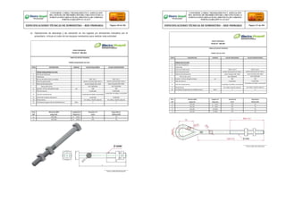 e) Operaciones de descarga y de ubicación en los lugares y/o almacenes indicados por el
propietario, incluye el costo de los equipos necesarios para realizar esta actividad
Firma y Sello del Fabricante
Firma y Sello del Fabricante
CONFORME A OBRA:“MEJORAMIENTO Y AMPLIACIÓN
DEL SISTEMA DE DISTRIBUCIÓN DEL CIRCUITO N2 DE LA
SUBESTACIÓNYARINACOCHA, PROVINCIA DE CORONEL
PORTILLO,REGIÓN UCAYALI”
ESPECIFICACIONES TÉCNICAS DE SUMINISTRO – RED PRIMARIA Página 130 de 336
CONFORME A OBRA:“MEJORAMIENTO Y AMPLIACIÓN
DEL SISTEMA DE DISTRIBUCIÓN DEL CIRCUITO N2 DE LA
SUBESTACIÓNYARINACOCHA, PROVINCIA DE CORONEL
PORTILLO,REGIÓN UCAYALI”
ESPECIFICACIONES TÉCNICAS DE SUMINISTRO – RED PRIMARIA Página 131 de 336
REDES PRIMARIAS
FICHA N° 180-001
TABLA DE DATOS TECNICOS
PERNO OJO DE AºGº
ITEM DESCRIPCION UNIDAD VALOR REQUERIDO VALOR GARANTIZADO
PERNO OJO DE AºGº
1 País de procedencia
2 Fabricante
3 Norma de fabricación ANSI C135.4 ANSI C135.4
4 Clase de galvanizado ASTM A153/A153 M TIPO C ASTM A153/A153 M TIPO C
5 Material de fabricación Acero forjado SAE 1020 Acero forjado SAE 1020
Norma del acero SAE AMS5046 SAE AMS5046
6 Espesor mínimo del galvanizado um 100 100
7 Tipo de tuercas Cuadradas Cuadradas
8 Tipo de contratuercas Cuadradas de doble concavidad
Cuadradas de doble concavidad
9 Dimensiones Ver tabla y diseño adjunto Ver tabla y diseño adjunto
10 Certificado de garantía de calidad técnica Años 2 2
REDES PRIMARIAS
FICHA N° 180-001
TABLA DE DATOS TECNICOS
PERNO MAQUINADO DE AºGº
ITEM DESCRIPCION UNIDAD VALOR REQUERIDO VALOR GARANTIZADO
PERNO MAQUINADO DE AºGº
1 País de procedencia
2 Fabricante
3 Norma de fabricación y pruebas IEEE 135.1 IEEE 135.1
4 Clase de galvanizado ASTM A153/A153M TIPO C ASTM A153/A153M TIPO C
5 Material de fabricación Acero forjado SAE 1020 Acero forjado SAE 1020
Norma del acero SAE AMS5046 SAE AMS5046
6 Espesor mínimo del galvanizado um 100 100
7 Tipo de tuercas Cuadradas Cuadradas
8 Tipo de contratuercas Cuadradas de doble concavidad
Cuadradas de doble concavidad
9 Forma de la cabeza del perno Cuadrada Cuadrada
10 Dimensiones Ver tabla y diseño adjunto Ver tabla y diseño adjunto
11 Certificado de garantía de calidad técnica Años 2 2
Item
SAP
Diámetro (ØD)
pulg (mm)
Longitud (L)
Pulg (mm)
Roscado (R)
(mm)
Carga Rotura
Mínima (kN)
2 5/8 (16) 6 (152) 102 55
3 5/8 (16) 8 (203) 102 55
4 5/8 (16) 10 (254) 152 55
5 5/8 (16) 12 (305) 152 55
Item
SAP
Diámetro( ØD)
pulg (mm)
Longitud (L)
Pulg (mm)
Roscado ( R )
(mm)
Carga Rotura
Minima (kN)
4 5/8 (16) 6 (152) 76 55
5 5/8 (16) 8 (203) 102 55
 