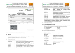 ASTM B228 : Standard Specification for Hard-Drawn Copper-Clad Steel Wire
ASTM A153/ A 153M : Standard Specification for Concentric-Lay-Stranded
Copper-Clad Steel Conductors.
IEEE C135.1 : Standard for zinc-coated steel bolts and nuts for overhead line
construction.
IEEE C135.2 : Standard for threaded zinc-coated ferrous strand-eye anchor rods
and nuts for overhead line construction.
ANSI C135.4 : American National Standard for zinc-coated ferrous eyebolts and
nuts for overhead line construction.
ANSI B 18.2.2 : American National Standard for square and hex nuts.
ASTM F1145 : Standard Specification for Turnbuckles, Swaged, Welded, Forged.
ASTM F436M : Standard Specification for Hardened Steel Washers [Metric]
NTP ISO 2859 – 1 : Procedimientos de Muestreo para Inspección por Atributos
Se aceptó otras normas que aseguren una calidad igual o superior; en este caso, se enviará una
copia de estas para su evaluación. Además, los accesorios cumplieron los requisitos
complementarios que se indican en la presente especificación.
19.3 CONDICIONES TECNICAS
19.3.1 Condiciones ambientales de servicio
Firma y Sello del Fabricante
El cable de AºGº y accesorios de retenida se instalo en los sistemas eléctricos de la Empresade
Distribución Electro Ucayali S.A. cuyas características ambientales son las siguientes:
 Temperatura ambiente : 25ºC a 40ºC
 Humedad relativa : 10% a 95%
 Altura máxima : 1000 m.s.n.m.
19.3.2 Condiciones de operación del sistema
19 CABLE DE AºGº Y ACCESORIOS METÁLICOS PARA RETENIDA
19.1 OBJETIVO
El presente documento establece las especificaciones técnicas mínimas que cumplieron los
accesorios metálicos de retenidas en cuanto a diseño, materia prima, fabricación, pruebas y
transporte, que se utilizaron en la concesión de Electro Ucayali S.A.
19.2 NORMAS QUE CUMPLIR
El suministro cumplió con la última versión de las siguientes normas:
SAE AMS 5046 : Society of automotive engineers Standard for Carbon Steel, sheet,
strip, and plate (SAE 1020 and SAE 1025) annealed.
SAE J403 : Society of automotive engineers Standard for chemical
compositions of SAE carbon steels.
ASTM A475 : Standard Specification for Zinc-Coated Steel Wire Strand.
ASTM B415 : Standard Specification for Hard-Drawn Aluminum-Clad Steel Wire
ASTM B416 : Standard Specification for Concentric Lay Stranded Aluminum-
Clad Steel Conductors
ASTM B227 : Standard Specification for Hard-Drawn Copper-Clad Steel Wire
Las características de operación del sistema son las siguientes:
Niveles de tensión
Baja Tensión
 220V : Monofásico neutro corrido multiaterrado.
 3x380V/220V : Estrella neutro corrido aterrado y aislado.
 3x220V : Delta aislado.
 2x220V : Delta, Split fase.
 440V/220V : Bifásico con neutro corrido aterrado.
Media Tensión
 22.9 kV : Estrella neutro corrido aterrado y aislado.
 13.2 kV : Estrella neutro corrido aterrado y aislado.
 13.8 kV : Estrella con neutro aislado.
 10 kV : Delta aislado.
 Frecuencia de servicio: 60 Hz.
CONFORME A OBRA:“MEJORAMIENTO Y AMPLIACIÓN
DEL SISTEMA DE DISTRIBUCIÓN DEL CIRCUITO N2 DE LA
SUBESTACIÓNYARINACOCHA, PROVINCIA DE CORONEL
PORTILLO,REGIÓN UCAYALI”
ESPECIFICACIONES TÉCNICAS DE SUMINISTRO – RED PRIMARIA Página 136 de 336
CONFORME A OBRA:“MEJORAMIENTO Y AMPLIACIÓN
DEL SISTEMA DE DISTRIBUCIÓN DEL CIRCUITO N2 DE LA
SUBESTACIÓNYARINACOCHA, PROVINCIA DE CORONEL
PORTILLO,REGIÓN UCAYALI”
ESPECIFICACIONES TÉCNICAS DE SUMINISTRO – RED PRIMARIA Página 137 de 336
REDES PRIMARIAS
FICHA N° 150-005
TABLA DE DATOS TECNICOS
HEBILLA PARA FLEJE DE ACERO 3/4
ITEM DESCRIPCION UNIDAD VALOR REQUERIDO VALOR GARANTIZADO
HEBILLA PARA FLEJE
1 Fabricante
2 Procedencia
3 Catálogo / Nº de Serie
4 Material Acero Inoxidable Acero Inoxidable
No Magnètico No Magnètico
5 Tipo de Acero AISI 201 o 306 AISI 201 o 306
6 Acabado Liso y sin bordes cortantes
Liso y sin bordes cortantes
7 Dimensión
-Ancho de ranura de hebilla
>10(Para fleje de acero de 19mm de
ancho
>10(Para fleje de acero de 19mm
de
ancho
8
Certificado de Garantía de Calidad
Técnica
Años 2
2
 