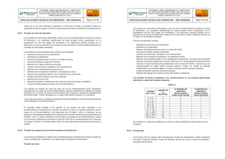 Dentro de los 30 días calendarios siguientes a la firma del contrato, el proveedor alcanzo al
propietario la lista de pruebas, controles e inspecciones que fueron sometidos los transformadores.
22.5.1 Pruebas de rutina de materiales
Las pruebas de rutina fueron efectuadas a cada uno de los transformadores durante el proceso
de fabricación. Los resultados satisfactorios de estas pruebas fueron sustentados con la
presentación de tres (03) juegos de certificados y los respectivos reportes emitidos por el
fabricante, en el que se precisan que el integro de los suministros cumplen satisfactoriamente con
el íntegro de las pruebas solicitadas.
Las pruebas de rutina solicitadas entre otras son las siguientes:
 Resistencia óhmica de los arrollamientos.
 Resistencia de aislamiento.
 Relación de transformación en vacío y en todas las tomas.
 Secuencia de fases y grupos de conexión.
 Medición de la rigidez dieléctrica del aceite.
 Tensión de cortocircuito y pérdidas en los arrollamientos.
 Medición de la impedancia de secuencia cero.
 Medición de la corriente de excitación y las pérdidas de vacío.
 Medición de las pérdidas totales y de la impedancia de cortocircuito.
 Ensayo de tensión inducida y de tensión aplicada.
 Medición del nivel de ruido.
 Medición del espesor y adherencia de la capa de pintura del tanque y radiadores.
 Prueba de estanqueidad del tanque de los transformadores.
Los reportes de pruebas de rutina de cada uno de los transformadores fueron entregados
conjuntamente con cada uno de los transformadores, debiendo identificarse el Reporte de Pruebas
de Rutina con el número de serie de cada transformador indicado en la placa de características
del transformador. Fueron entregados en un sobre impermeable resistente a la intemperie.
Como parte del dossier de calidad se presentará reportes fotográficos y fílmicos de las pruebas de
rutina realizadas a los transformadores.
Las pruebas de rutina fueron efectuadas a cada uno de los transformadores durante el proceso
de fabricación. Los resultados satisfactorios de estas pruebas fueron sustentados con la
presentación de tres (03) juegos de certificados y los respectivos reportes emitidos por el
fabricante, en el que se precisará que el integro de los suministros cumplen satisfactoriamente con
el íntegro de las pruebas solicitadas.
Incluyen las siguientes pruebas:
- Resistencia óhmica de los arrollamientos.
- Resistencia de aislamiento.
- Relación de transformación en vacío y en todas las tomas.
- Secuencia de fases y grupos de conexión.
- Tensión de cortocircuito y pérdidas en los arrollamientos.
- Medición de la corriente de excitación y las pérdidas de vacío.
- Medición de las pérdidas totales y de la impedancia de cortocircuito. Se aclara que las pérdidas
máximas de energía establecidas en estas Tablas del 4 al 7 de las presentes Especificaciones
Técnicas, incluyen las tolerancias establecidas en las normas IEC 60076-1, asimismo que los
transformadores de doble tensión primaria debieron cumplir los niveles de pérdidas
establecidas en las referidas tablas, en ambos niveles de tensión primaria requeridos.
- Ensayo de tensión inducida y de tensión aplicada
- Medición del espesor de la capa de pintura del tanque y radiadores
Las pruebas de Rutina a realizarse a los transformadores en una muestra determinada
aplicando el cuadro de muestreo siguiente:
TABLA 5
El proveedor debió entregar a los reportes de las pruebas de rutina realizados a los
transformadores, la entrega de los reportes de prueba de rutina, es requisito obligatorio para el
ingreso de los transformadores a los almacenes de la Entidad u obra. La inspección de las
empresas compradoras encargada de la recepción de los transformadores en los almacenes de la
entidad u obra, no hubiera otorgado la conformidad a la entrega de los transformadores, cuando
no se incluya los Reportes de pruebas de rutina del 100% de los transformadores que conforman
la entrega. Asimismo, el proveedor debió remitir una copia del reporte de las pruebas de rutina a la
entidad.
Se considero 01 unidad como defectuosa, cuando no supere cualquiera de las pruebas de rutina
indicadas.
22.5.2 Pruebas de aceptación de los transformadores de distribución 22.5.3 Pruebas tipo
Las pruebas de aceptación en fábrica de los transformadores de distribución incluyen pruebas de
rutina y pruebas tipo y especiales, y se realizó según se describe a continuación:
Pruebas de rutina:
Las Pruebas Tipo por realizar fueron las siguientes: Prueba de calentamiento, Rigidez dieléctrica
del aceite, Prueba de impulso, Prueba de medición del nivel de ruido y Prueba de porosidad y
adherencia de la pintura.
CONFORME A OBRA:“MEJORAMIENTO Y AMPLIACIÓN
DEL SISTEMA DE DISTRIBUCIÓN DEL CIRCUITO N2 DE LA
SUBESTACIÓNYARINACOCHA, PROVINCIA DE CORONEL
PORTILLO,REGIÓN UCAYALI”
ESPECIFICACIONES TÉCNICAS DE SUMINISTRO – RED PRIMARIA Página 178 de 336
CONFORME A OBRA:“MEJORAMIENTO Y AMPLIACIÓN
DEL SISTEMA DE DISTRIBUCIÓN DEL CIRCUITO N2 DE LA
SUBESTACIÓNYARINACOCHA, PROVINCIA DE CORONEL
PORTILLO,REGIÓN UCAYALI”
ESPECIFICACIONES TÉCNICAS DE SUMINISTRO – RED PRIMARIA Página 179 de 336
TAMAÑO
DEL LOTE
TAMAÑO DE
LA
MUESTRA
Nº MÁXIMO DE
UNIDADES
DEFECTUOSAS
PARA ACEPTACIÓN
Nº MÁXIMO DE
UNIDADES
DEFECTUOSAS
PARA RECHAZO
2 a 8 0 0 1
9 a 15 1 0 1
16 a 25 2 0 1
26 a 50 4 0 1
51 a 90 6 0 1
91 a 150 10 0 1
151 a 280 16 1 2
281 a 500 25 1 2
500 a más 32 1 2
 