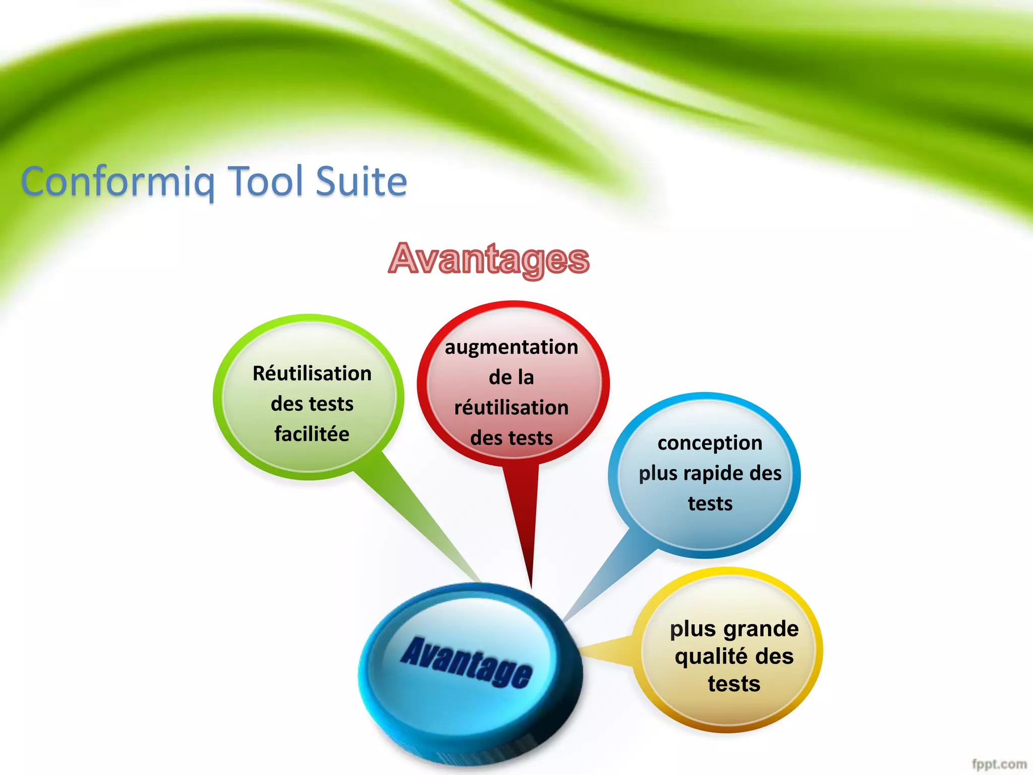 Réutilisation 
des tests 
facilitée conception 
plus rapide des 
tests 
plus grande 
qualité des 
tests 
augmentation 
de la 
réutilisation 
des tests 
Conformiq Tool Suite 
 