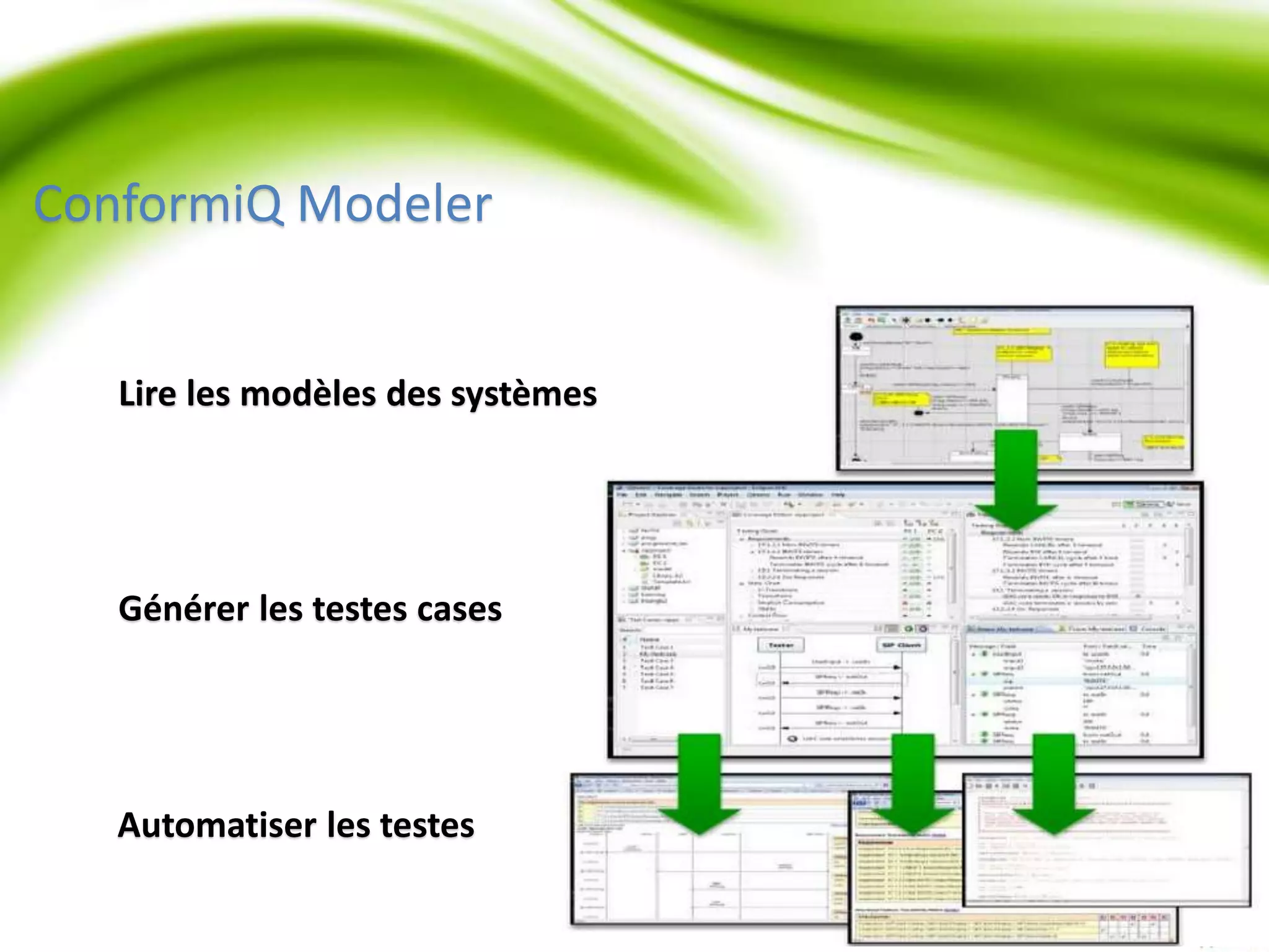 ConformiQ Modeler 
Lire les modèles des systèmes 
Générer les testes cases 
Automatiser les testes 
 