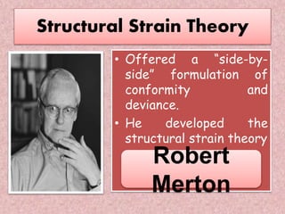 Structural Strain Theory
• Offered a “side-by-
side” formulation of
conformity and
deviance.
• He developed the
structural strain theory
Robert
Merton
 