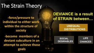 -force/pressure to
individual to either work
within the structure of
society
The Strain Theory
-become members of a
deviant subculture in an
attempt to achieve those
goals
DEVIANCE is a result
of STRAIN between…
UNEQUAL
DISTRIBUTIONS
SOCIAL
DESIRABLES
LIFE
CHANCES
 