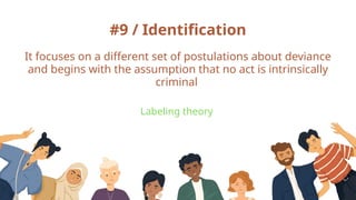#9 / Identification
It focuses on a different set of postulations about deviance
and begins with the assumption that no act is intrinsically
criminal
Labeling theory
 