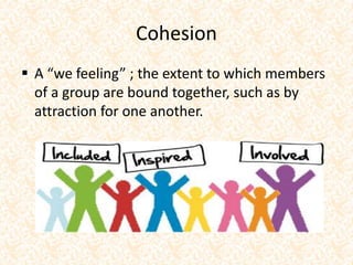 Cohesion
 A “we feeling” ; the extent to which members
of a group are bound together, such as by
attraction for one another.
 