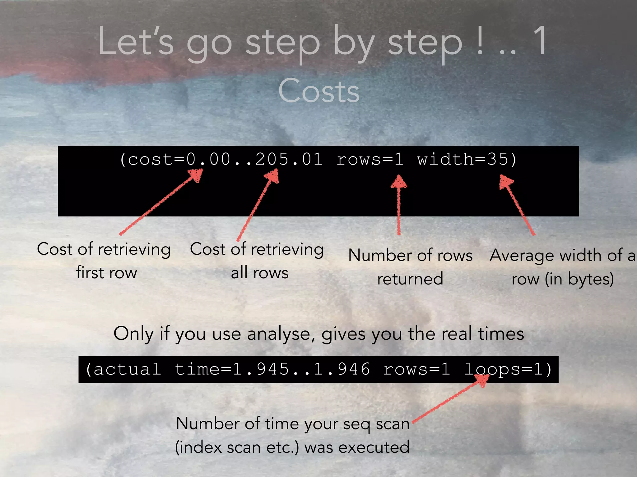 Let’s go step by step ! .. 1
Costs
(cost=0.00..205.01 rows=1 width=35)
Cost of retrieving
all rows
Number of rows
returned
Cost of retrieving
first row
Average width of a
row (in bytes)
(actual time=1.945..1.946 rows=1 loops=1)
Only if you use analyse, gives you the real times
Number of time your seq scan
(index scan etc.) was executed
 