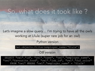 So, what does it took like ?
Let’s imagine a slow query… I’m trying to have all the owls
working at Ulule (super rare job for an owl)
Python version
DB version
Owl.objects.filter(employer_name=‘Ulule’)
SELECT "owl"."id", "owl"."name", "owl"."employer_name",
"owl"."favourite_food", "owl"."job_id", "owl"."fur_color"
FROM "owl" WHERE "owl"."employer_name" = 'Ulule'
 