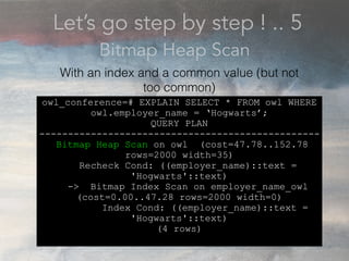 Let’s go step by step ! .. 5
Bitmap Heap Scan
owl_conference=# EXPLAIN SELECT * FROM owl WHERE
owl.employer_name = ‘Hogwarts’;
QUERY PLAN
-------------------------------------------------
Bitmap Heap Scan on owl (cost=47.78..152.78
rows=2000 width=35)
Recheck Cond: ((employer_name)::text =
'Hogwarts'::text)
-> Bitmap Index Scan on employer_name_owl
(cost=0.00..47.28 rows=2000 width=0)
Index Cond: ((employer_name)::text =
'Hogwarts'::text)
(4 rows)
With an index and a common value (but not
too common)
 