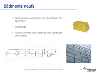 Bâtiments neufs
Confort hygrothermique et réduction des consommations d'énergie 12
 Performance énergétique de l’enveloppe des
bâtiments
 Compacité
 Asservissement des systèmes aux conditions
climatiques
 