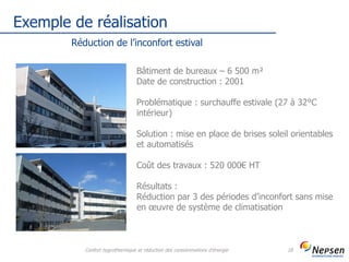Exemple de réalisation
Confort hygrothermique et réduction des consommations d'énergie 18
Réduction de l’inconfort estival
Bâtiment de bureaux – 6 500 m²
Date de construction : 2001
Problématique : surchauffe estivale (27 à 32°C
intérieur)
Solution : mise en place de brises soleil orientables
et automatisés
Coût des travaux : 520 000€ HT
Résultats :
Réduction par 3 des périodes d’inconfort sans mise
en œuvre de système de climatisation
 