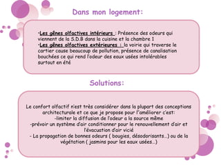 Solutions:
•Les gênes olfactives intérieurs : Présence des odeurs qui
viennent de la S.D.B dans la cuisine et la chambre 1
•Les gênes olfactives extérieures : la voirie qui traverse le
cartier cause beaucoup de pollution, présence de canalisation
bouchées ce qui rend l’odeur des eaux usées intolérables
surtout en été
Dans mon logement:
Le confort olfactif n’est très considérer dans la plupart des conceptions
architecturale et ce que je propose pour l’’améliorer c’est:
-limiter la diffusion de l’odeur a la source même
-prévoir un système d’air conditionner pour le renouvellement d’air et
l’évacuation d’air vicié
- La propagation de bonnes odeurs ( bougies, désodorisants…) ou de la
végétation ( jasmins pour les eaux usées…)
 