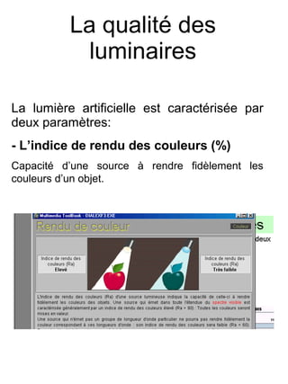 La qualité des
luminaires
La lumière artificielle est caractérisée par
deux paramètres:
- L’indice de rendu des couleurs (%)
Capacité d’une source à rendre fidèlement les
couleurs d’un objet.
 