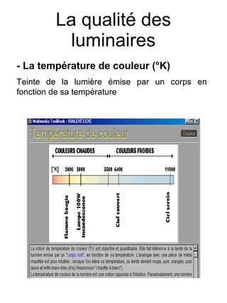 La qualité des
luminaires
- La température de couleur (°K)
Teinte de la lumière émise par un corps en
fonction de sa température
 