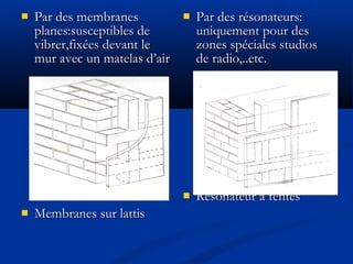  Par des membranesPar des membranes
planes:susceptibles deplanes:susceptibles de
vibrer,fixées devant levibrer,fixées devant le
mur avec un matelas d’airmur avec un matelas d’air
 Membranes sur lattisMembranes sur lattis
 Par des résonateurs:Par des résonateurs:
uniquement pour desuniquement pour des
zones spéciales studioszones spéciales studios
de radio,..etc.de radio,..etc.
 Résonateur à fentesRésonateur à fentes
 