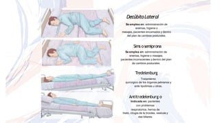 DecúbitoLateral
Se emplea en: administración de
enemas, higiene o
masajes, pacientes encamados y dentro
del plan de cambios posturales.
Sims osemiprona
Se emplea en: administración de
enemas, higiene o masajes,
pacientes inconscientes y dentro del plan
de cambios posturales.
Tredelenburg
Tratamiento
quirúrgico de los órganos pelvianos y
ante lipotimias u otras.
Antitredelenburg o
Indicada en: pacientes
con problemas
respiratorios, hernia de
hiato, cirugía de la tiroides, vesícula y
vías biliares.
 