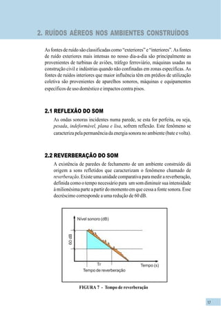 17
2. RUÍDOS AÉREOS NOS AMBIENTES CONSTRUÍDOS
As fontes de ruído são classificadas como “exteriores” e “interiores”. As fontes
de ruído exteriores mais intensas no nosso dia-a-dia são principalmente as
provenientes de turbinas de aviões, tráfego ferroviário, máquinas usadas na
construção civil e indústrias quando não confinadas em zonas específicas. As
fontes de ruídos interiores que maior influência têm em prédios de utilização
coletiva são provenientes de aparelhos sonoros, máquinas e equipamentos
específicos de uso doméstico e impactos contra pisos.
2.1 REFLEXÃO DO SOM
As ondas sonoras incidentes numa parede, se esta for perfeita, ou seja,
pesada, indeformável, plana e lisa, sofrem reflexão. Este fenômeno se
caracteriza pela permanência da energia sonora no ambiente (bate e volta).
2.2 REVERBERAÇÃO DO SOM
A existência de paredes de fechamento de um ambiente construído dá
origem a sons refletidos que caracterizam o fenômeno chamado de
reverberação. Existe uma unidade comparativa para medir a reverberação,
definida como o tempo necessário para um som diminuir sua intensidade
à milionésima parte a partir do momento em que cessa a fonte sonora. Esse
decréscimo corresponde a uma redução de 60 dB.
FIGURA 7 - Tempo de reverberação
Nível sonoro (dB)
Tempo de reverberação
Tempo (s)
60dB
Tr
 