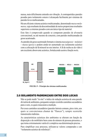 22
FIGURA 9 – Princípio dos sistemas multicamadas
massa, mais dificilmente entrarão em vibração. A contrapartida a paredes
pesadas para isolamento sonoro é alcançada facilmente por sistemas de
paredes leves multicamadas.
Há um eficiente sistema acústico multicamadas, denominado massa-mola-
massa, cuja resultante da descontinuidade de meios proporciona resultados
superiores a sistemas pesados com um único tipo de material.
Este fato é comprovado quando se comparam paredes de alvenaria
convencional, ou até mesmo de concreto, com paredes multicamadas de
gesso acartonado.
As paredes de gesso acartonado formam o sistema massa(gesso)–mola(ar)
– massa (gesso) e podem ainda ter aumentado seu isolamento acústico
com a colocação de lã mineral no seu interior. A lã de rocha ou de vidro é
um excelente absorvente acústico, fortalecendo assim a função mola.
2.6 ISOLAMENTO PADRONIZADO ENTRE DOIS LOCAIS
Não se pode medir “in situ” o índice de redução acústica de uma parede
divisória de ambientes, porquanto sempre existirão caminhos secundários
para o som, os quais mascaram a medição.
Por esses caminhos secundários (paredes laterais comuns, piso e teto, aos
quais se convencionou chamar de “flancos”), sempre ocorrerão
transmissões indiretas.
As características acústicas dos ambientes se alteram em função da
disposição e do mobiliário bem como do número de pessoas presentes, o
que torna extremamente variável e complexa sua determinação precisa.
Para simplificar esse processo, utilizam-se valores comparados a um
“isolamento acústico de referência”.
MASSA - MOLA - MASSAAR
d (m)
M1
(kg/m2
) M2
(kg/m2
)
 