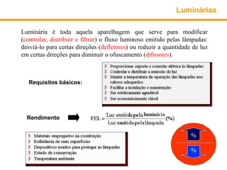 Luminárias

Luminária é toda aquela aparelhagem que serve para modificar
(controlar, distribuir e filtrar) o fluxo luminoso emitido pelas lâmpadas:
desviá-lo para certas direções (defletores) ou reduzir a quantidade de luz
em certas direções para diminuir o ofuscamento (difusores).



   Requisitos básicos:




  Rendimento
 