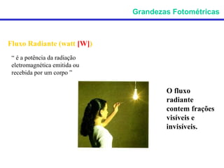 Grandezas Fotométricas



Fluxo Radiante (watt [W])
 “ é a potência da radiação
 eletromagnética emitida ou
 recebida por um corpo ”

                                      O fluxo
                                      radiante
                                      contem frações
                                      visíveis e
                                      invisíveis.
 