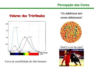 Percepção das Cores

                                         “Os daltônicos tem
    Valores dos Tristímulos
                                         cones defeituosos” ”




                                         Qual é a cor da capa?




Curva de sensibilidade do olho humano
 