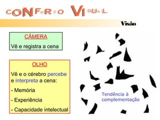 Visão

     CÂMERA
Vê e registra a cena


        OLHO
Vê e o cérebro percebe
e interpreta a cena:
- Memória
                           Tendência à
- Experiência              complementação

- Capacidade intelectual
 