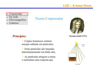 LUZ – A base física



                   Teoria Corpuscular



Princípios:                                   Newton (1642-1727)

        Corpos luminosos emitem
       energia radiante em partículas;
        Estas partículas são lançadas
       intermitentemente em linha reta;
        As partículas atingem a retina
       e estimulam uma resposta que
       produz uma sensação visual.
 