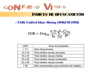 ÍNDICES DE OFUSCAMENTO

- UGR: Unified Glare Rating (ISO/
                                CIE1992)
 