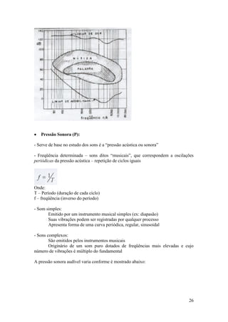    Pressão Sonora (P):

- Serve de base no estudo dos sons é a “pressão acústica ou sonora”

- Freqüência determinada – sons ditos “musicais”, que correspondem a oscilações
periódicas da pressão acústica – repetição de ciclos iguais




Onde:
T – Período (duração de cada ciclo)
f – freqüência (inverso do período)

- Som simples:
       Emitido por um instrumento musical simples (ex: diapasão)
       Suas vibrações podem ser registradas por qualquer processo
       Apresenta forma de uma curva periódica, regular, sinusoidal

- Sons complexos:
        São emitidos pelos instrumentos musicais
        Originário de um som puro dotados de freqüências mais elevadas e cujo
número de vibrações é múltiplo do fundamental

A pressão sonora audível varia conforme é mostrado abaixo:




                                                                            26
 