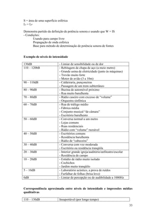 S = área de uma superfície esférica
LI = LP

Demonstra partido da definição de potência sonora e usando que W = IS
- Condições:
       Usando para campo livre
       Propagação de onda esférica
       Base para método de determinação de potência sonora de fontes


Exemplo de níveis de intensidade

130dB                       - Limiar de sensibilidade ou de dor
110 – 120bB                 - Rebitagem de chapa de aço (a meio metro)
                            - Grande usina de eletricidade (junto às máquinas)
                            - Trovão muito forte
                            - Motor de avião (3 a 10m)
90 – 110dB                  - Caldeiraria, punçoneiras
                            - Passagem de um trem subterrâneo
80 – 90dB                   - Buzina de automóvel próximo
                            - Rua muito barulhenta
70 – 80dB                   - Rádio caseiro com excesso de “volume”
                            - Orquestra sinfônica
60 – 70dB                   - Rua de tráfego médio
                            - Fábrica média
                            - Conjunto musical “de câmara”
                            - Escritório barulhento
50 – 60dB                   - Conversa normal a um metro
                            - Lojas comuns
                            - Ruas residenciais
                            - Rádio com “volume” razoável
40 – 50dB                   - Escritórios comuns
                            - Residência barulhenta
                            - Rádio de “cabeceira”
30 – 40dB                   - Conversa com voz moderada
                            - Escritório ou residência tranqüila
20 – 30dB                   - Interior grande igreja/auditório/anfiteatro/escolar
                            - Residência de campo
10 – 20dB                   - Estúdio de rádio muito isolado
                            - Cochichos
                            - Jardim muito tranqüilo
5 – 10dB                    - Laboratório acústico, a prova de ruídos
                            - Farfalhar de folhas (brisa leve)
0dB                         - Limiar de percepção ou de audibilidade a 1000Hz


Correspondência aproximada entre níveis de intensidade e impressões médias
qualitativas

110 – 130dB                 Insuportável (por longo tempo)
                                                                                    33
 