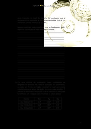 139
Conforto Térmico
Capítulo 4
	 Após inspeção no local de trabalho foi constatado que a
temperatura no ambiente é de aproximadamente 210
C e no
interior da câmara variando de 5 à 80
C.
	 Nestas condições podemos afirmar que as funcionárias estão
expostas à condição de insalubridade? Justifique?
	 _________________________________________________
_________________________________________________
_________________________________________________
_________________________________________________
_________________________________________________
_________________________________________________
_________________________________________________
_________________________________________________
_________________________________________________
_________________________________________________
_________________________________________________
_________________________________________________
_________________________________________________
_________________________________________________
_________________________________________________
_________________________________________________
_________________________________________________
_________________________________________________
_________________________________________________
_________________________________________________
_________________________________________________
3)	
Em uma cozinha de restaurante foram constatadas as
temperaturas medidas no ponto de operação das cozinheiras,
ou seja, em frente ao fogão industrial no qual permanece
a trabalhadora na altura da região do corpo mais atingida. O
período de descanso é no próprio local de trabalho. As medições
foram feitas em 3 etapas como mostrado na tabela abaixo:
Horário Tbn Tg Tbs
Das 10:00 às 11:00 32,50
33,60
31,60
Das 11:00 às 12:00 33,30
35,00
31,60
Das 12:00 às 13:00 34,50
35,50
31,60
 