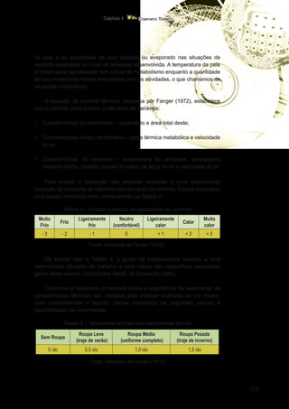 125
Conforto Térmico
Capítulo 4
da pele e da quantidade de suor liberado ou evaporado nas situações de
conforto dependem do nível de atividade desenvolvida. A temperatura da pele
é linearmente decrescente com a taxa de metabolismo enquanto a quantidade
de suor evaporado cresce linearmente com as atividades, o que chamamos de
situações confortáveis.
A equação de conforto térmico, expressa por Fanger (1972), estabelece
que o conforto deve cumprir a três tipos de variáveis:
•	 Características da vestimenta – isolamento e área total deste;
•	 Características do tipo de trabalho – carga térmica metabólica e velocidade
do ar;
•	 Características do ambiente – temperatura do ambiente, temperatura
radiante média, pressão parcial do vapor de água no ar e velocidade do ar.
Para avaliar a sensação das pessoas expostas a uma determinada
condição do ambiente de trabalho com seu grau de conforto, Fanger empregou
uma escala numérica como demonstrado na Tabela 4.
Tabela 4 – Escala numérica de sensações de conforto
Muito
Frio
Frio
Ligeiramente
frio
Neutro
(confortável)
Ligeiramente
calor
Calor
Muito
calor
- 3 - 2 - 1 0 + 1 + 2 + 3
Fonte: Adaptado de Fanger (1972).
De acordo com a Tabela 4, o grupo de trabalhadores exposto a uma
determinada situação de trabalho e pela média das respectivas sensações
gerou estes valores como Índice Médio de Sensação (IMS).
Conforme já havíamos comentado sobre a importância da vestimenta, as
características térmicas são medidas pela unidade chamada de clo. Assim,
para simplificarmos o estudo, vamos considerar os seguintes valores e
possibilidades de vestimentas:
Tabela 5 – Isolamento térmico das vestimentas em clo
Sem Roupa
Roupa Leve
(traje de verão)
Roupa Média
(uniforme completo)
Roupa Pesada
(traje de inverno)
0 clo 0,5 clo 1,0 clo 1,5 clo
Fonte: Adaptado de Fanger (1972).
 