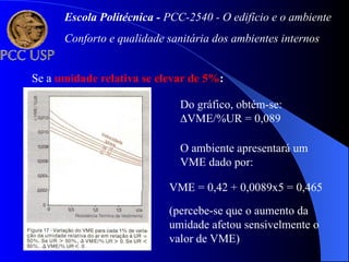 Se a umidade relativa se elevar de 5%:
Do gráfico, obtém-se:
VME/%UR = 0,089
VME = 0,42 + 0,0089x5 = 0,465
O ambiente apresentará um
VME dado por:
(percebe-se que o aumento da
umidade afetou sensivelmente o
valor de VME)
Escola Politécnica - PCC-2540 - O edifício e o ambiente
Conforto e qualidade sanitária dos ambientes internos
 