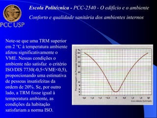 Note-se que uma TRM superior
em 2 °C à temperatura ambiente
afetou significativamente o
VME. Nessas condições o
ambiente não satisfaz o critério
ISO/DIS 7730(-0,5<VME<0,5),
proporcionando uma estimativa
de pessoas insatisfeitas da
ordem de 20%. Se, por outro
lado, a TRM fosse igual à
temperatura ambiente, as
condições da habitação
satisfariam a norma ISO.
Escola Politécnica - PCC-2540 - O edifício e o ambiente
Conforto e qualidade sanitária dos ambientes internos
 