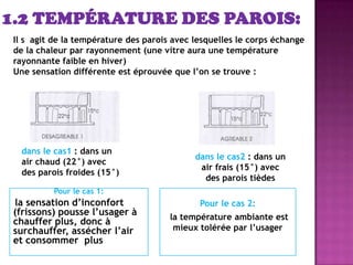 Pour le cas 1:
la sensation d’inconfort
(frissons) pousse l’usager à
chauffer plus, donc à
surchauffer, assécher l’air
et consommer plus
Pour le cas 2:
la température ambiante est
mieux tolérée par l’usager
dans le cas1 : dans un
air chaud (22°) avec
des parois froides (15°)
Il s agit de la température des parois avec lesquelles le corps échange
de la chaleur par rayonnement (une vitre aura une température
rayonnante faible en hiver)
Une sensation différente est éprouvée que l’on se trouve :
dans le cas2 : dans un
air frais (15°) avec
des parois tièdes
 