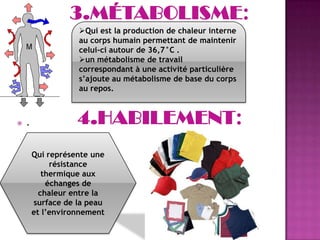  .
Qui représente une
résistance
thermique aux
échanges de
chaleur entre la
surface de la peau
et l’environnement
Qui est la production de chaleur interne
au corps humain permettant de maintenir
celui-ci autour de 36,7°C .
un métabolisme de travail
correspondant à une activité particulière
s’ajoute au métabolisme de base du corps
au repos.
 
