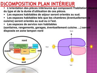  L'orientation des pièces intérieures qui composent l'habitation dépend
du type et de la durée d'utilisation de ces pièces.
 Les espaces habitables de séjour seront orientés au sud.
 Les espaces habitables tels que les chambres (éventuellement la
cuisine) seront orientés au sud ou à l'est.
 Les espaces de service non habitables
(sanitaires, rangements, garages, éventuellement cuisine. ...) seront
disposés en zone tampon nord
Oust
Nord
Sud
 