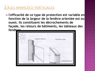 l'efficacité de ce type de protection est variable en
fonction de la largeur de la fenêtre orientée est ou
ouest. Ils constituent les décrochements de
façade, les retours de bâtiments, les tableaux des
fenêtres.
 